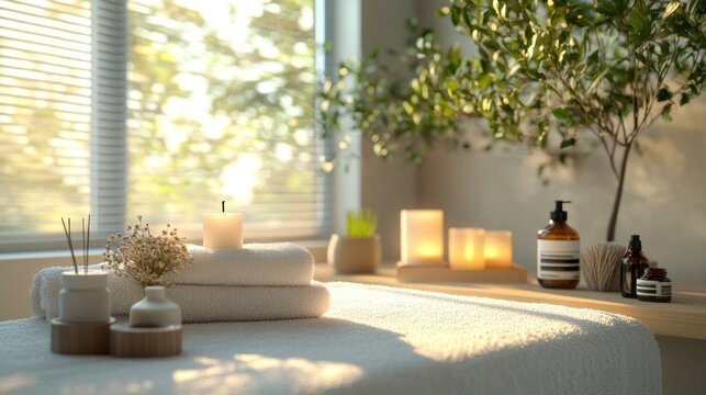 Elegant home spa environment with a dedicated massage area featuring soft linens, calming candles, and essential oils. Natural light fills the space, enhancing the peaceful atmosphere for relaxation