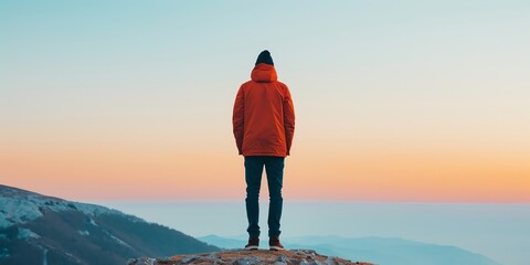 Man in red jacket standing on a mountain top at sunset.