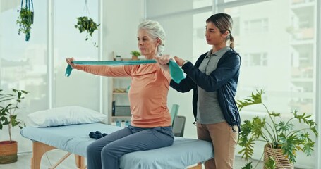 Physical therapy, stretching band or old woman doing arm exercise, recovery workout or healing client joint pain, injury or arthritis. Physiotherapy, elderly health support and test patient progress