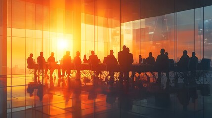 Fototapeta premium Warm Sunlight Illuminates Corporate Meeting in Glass Walled Room