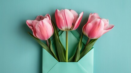 Fototapeta premium Three pink tulips in turquoise envelope on blue background