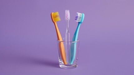 Three plastic colorful toothbrushes in glass on purple background