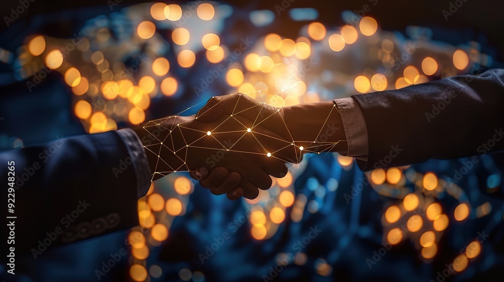 Aufkleber glorious business man handshake with effect global world map network link connection and graph chart