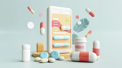 Smartphone App with Pills and a Bottle on a Tabletop