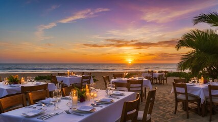 Fototapeta premium Table setting at tropical beach restaurant. Led light candles and wooden tables, chairs under beautiful sunset sky, sea view.