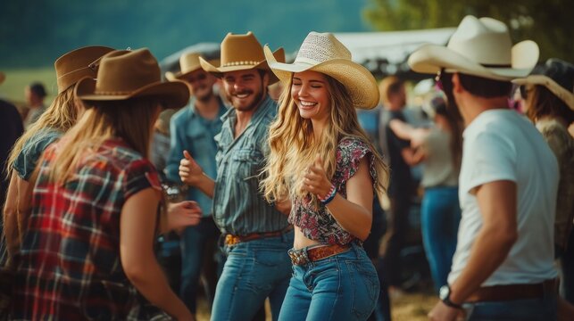 People are dancing joyfully in cowboy attire at a country dance gathering, showcasing vibrant smiles and spirited energy under the evening sky.