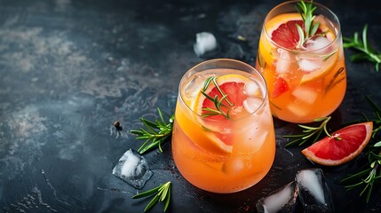 Two glasses of citrus summer drink with grapefruit and rosemary on dark background