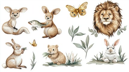 Enchanting Watercolor Animals: Kangaroo, Otter, Lion, Butterfly, Bunny on a Delicate White Background