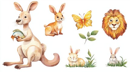 Serene Watercolor Menagerie - Kangaroo, Otter, Lion, Butterfly, Bunny on White Background