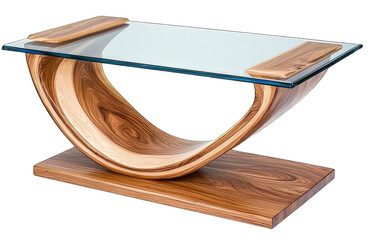 Elegant wooden coffee table with a glass top, featuring a unique curved design that adds modern charm to any living space.