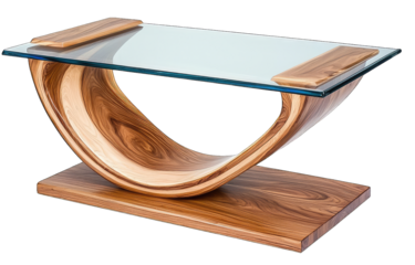 Elegant wooden coffee table with a glass top, featuring a unique curved design that adds modern charm to any living space.