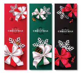 Christmas greeting vector poster set design. Merry christmas greeting text with gift box and elegant glitter snowflakes elements in colorful background for holiday season gift tags. Vector 