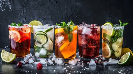 Variety of refreshing coctails with ice in glasses