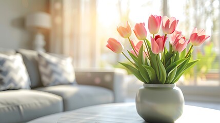 Vase of fresh tulips on the coffee table with blurred background of modern cozy light living room with gray couch sofa