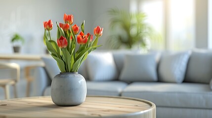Vase of fresh tulips on the coffee table with blurred background of modern cozy light living room with gray couch sofa
