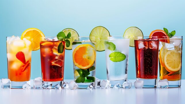 Variety of refreshing coctails with ice in glasses