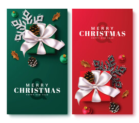 Christmas greeting vector poster set design. Merry christmas greeting text with gift box, xmas balls, spruce and glitter snowflakes elements in empty space colorful background. Vector illustration new © Zeinous