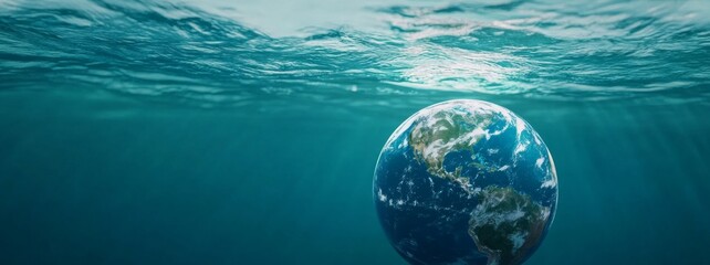 Obraz premium Aqua Globe Odyssey: A Close-Up on a Transparent Blue Globe Adrift in the Deep Sea, Honoring World Oceans Day.,Abstract Art