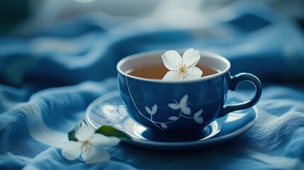 Create 5 prompts for stock photos related to A blue cup with a white flower on it is filled with tea with 100-200 characters and ending with