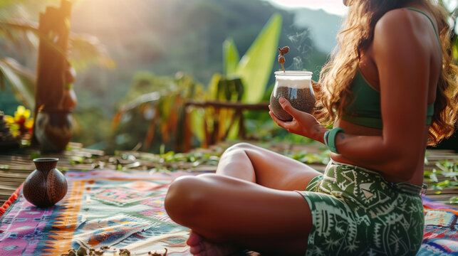 Woman Relaxing Outdoors with Herbal Drink on Colorful Mat in Nature

