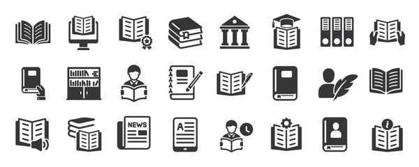 Book glyph solid icons collection. Containing content education, learn, document, library. Minimal icon and symbol series vector illustration