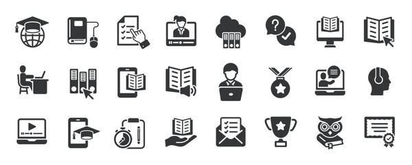 E-learning glyph solid icons collection. Containing content education, learn, tutorial, training. Minimal icon and symbol series vector illustration