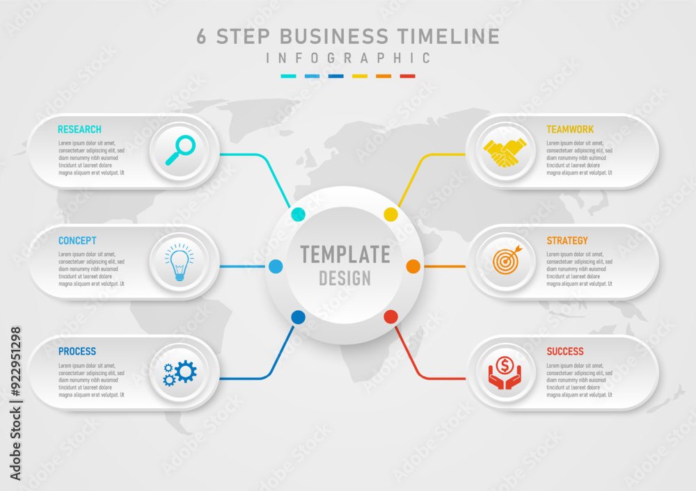 Poster infographic template 6 steps to business planning for success. the left and right gray square button