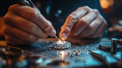 Close-up of a jeweler polishing a gemstone, enhancing its brilliance, highlighting craftsmanship and precision 