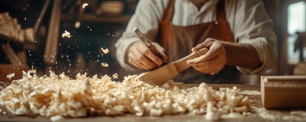 Obraz premium Craftsman shaping wood with precision tools, shavings flying, highlighting the art of craftsmanship