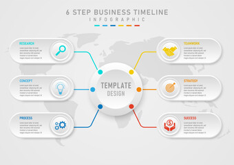 infographic template 6 steps to business planning for success. The left and right gray square buttons have text on top and the gray button with an icon in the middle below has a map.