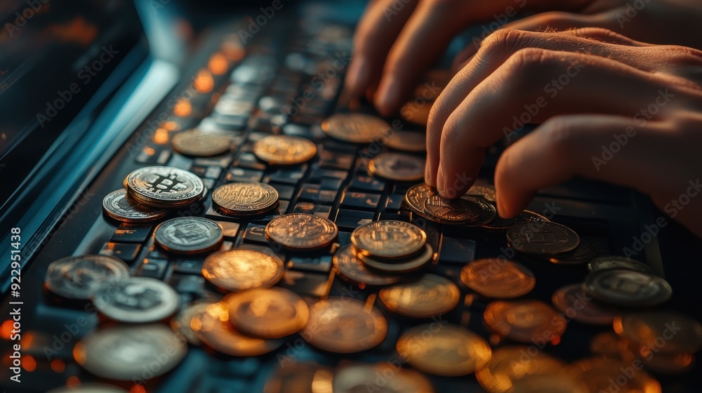 Poster hands typing on a mechanical keyboard with coins and bills scattered, symbolizing investment and tra