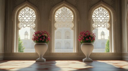 Fototapeta premium Taj Mahal interior with two large windows and white vases filled with flowers, capturing the serene beauty