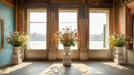 Serene view inside Varanasi's temple with large windows and white vases holding fragrant flowers