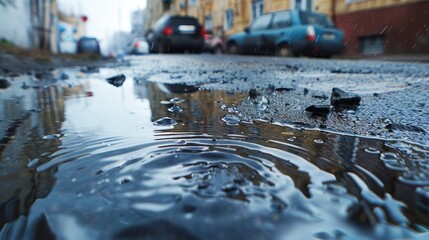 Raindrops creating circles on deep city puddle during unfavorable weather conditions