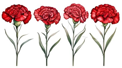 Obraz premium Set beautiful red carnation isolated on white background. Hand-drawn with effect of drawing in watercolor