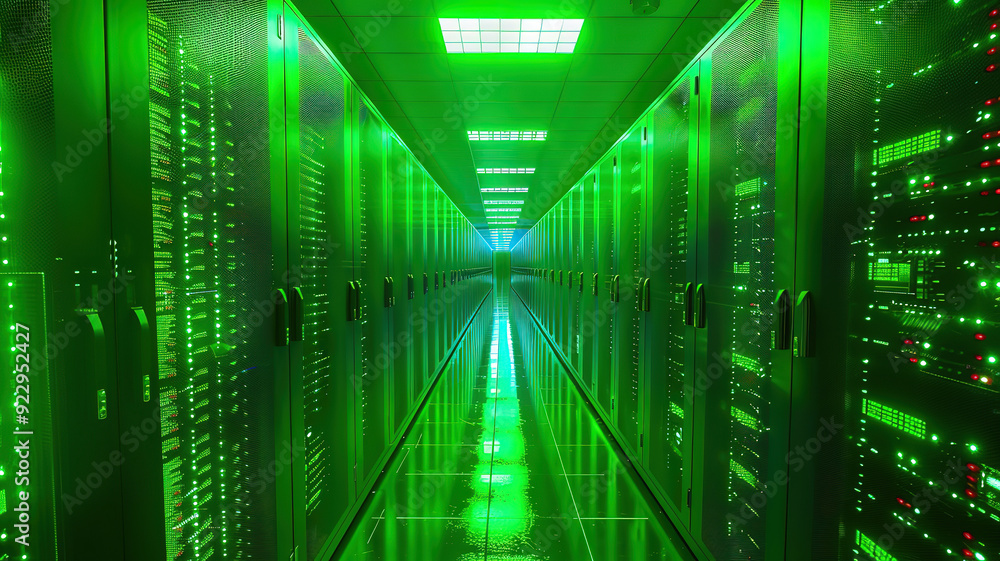 Aufkleber eyecatching shot of corridor in working data center full of rack servers and supercomputers