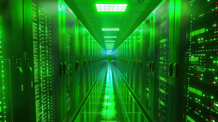 Obraz premium Eyecatching Shot of Corridor in Working Data Center Full of Rack Servers and Supercomputers
