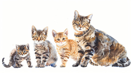 Four Cats of Different Ages, Watercolor Painting