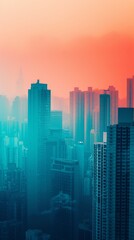 Fototapeta premium Silhouettes of skyscrapers against a vibrant sunset sky.