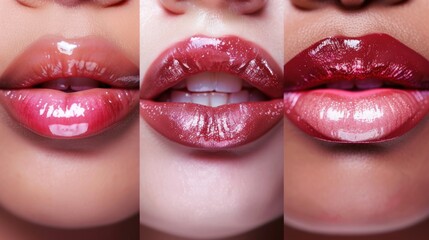 Obraz premium Three close-up images of lips with different shades of lipstick; light pink glossy, rich red glossy, and a sparkly mauve, showcasing makeup variations.