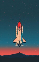 Fototapeta premium Silhouettes of a couple looking up at a rocket launching into space against a starry night sky.