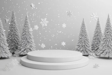 White podium with fir trees and falling snow. Display for winter holidays, New Year and Christmas product presentation with generative ai