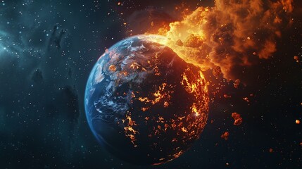 Earth engulfed in flames with debris and smoke in space