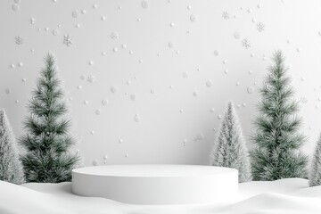 White podium with fir trees and falling snow. Display for winter holidays, New Year and Christmas product presentation with generative ai