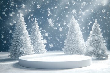 White podium with fir trees and falling snow. Display for winter holidays, New Year and Christmas product presentation with generative ai