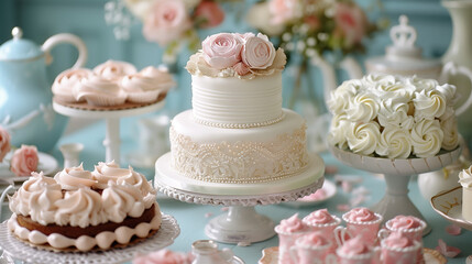 Classic cakes with vintage decorations like pearls, lace, and pastel colors, displayed on a tea party table with fine china and antique teapots, nostalgic and elegant feel.