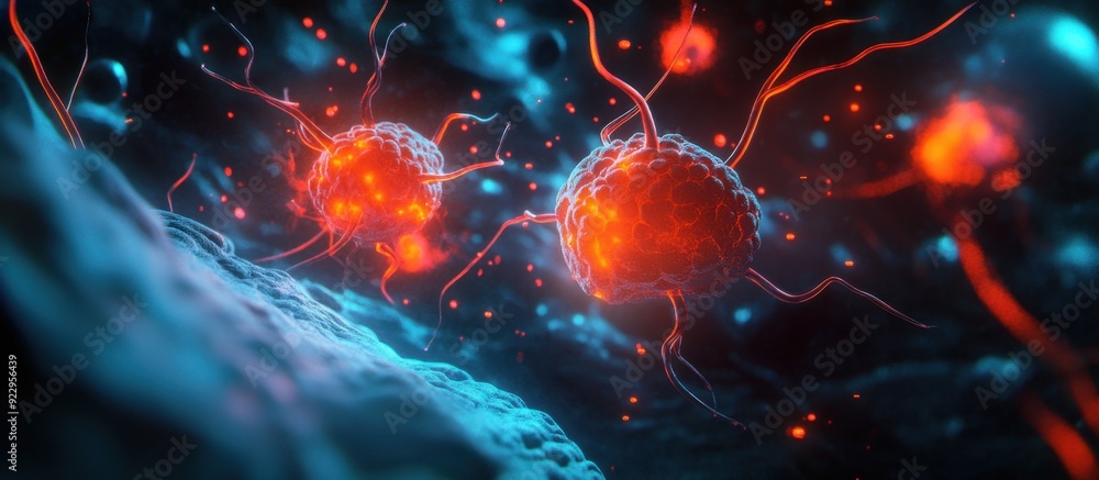Poster a group of cells resembling neurons with visible connections inside the nervous system, representing