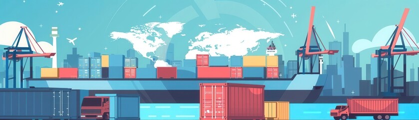 Fototapeta premium A vibrant illustration of a shipping port with containers, cranes, and trucks transporting goods across the globe.