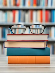 Stack of books with reading glasses on top,  in front of a bookshelf.