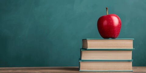 Red apple on top of a stack of books against a green chalkboard background.